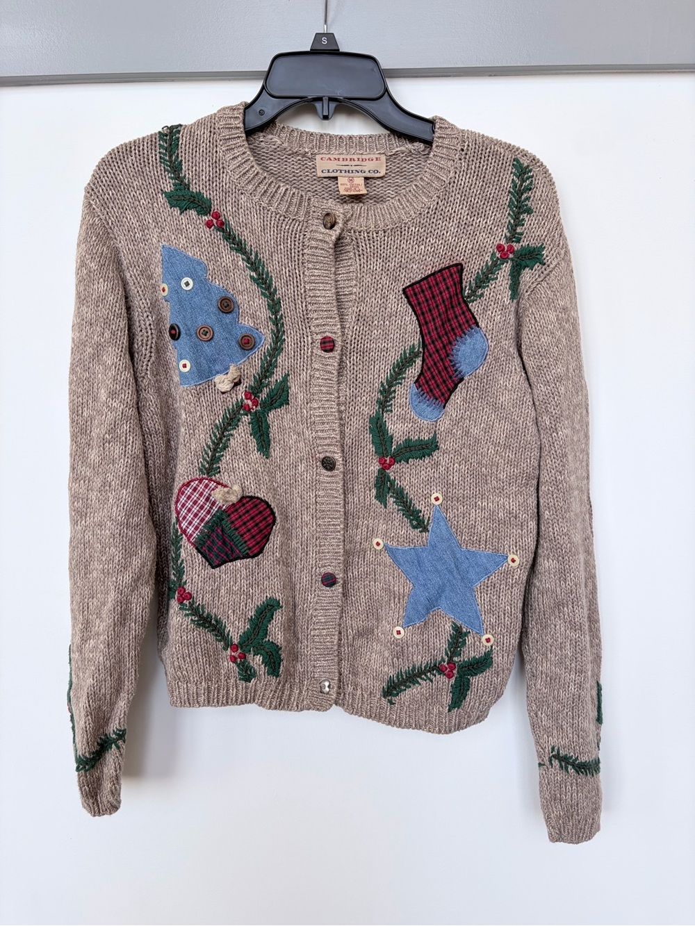 Vintage Cotton Knit Christmas Sweater Patchwork Unique Medium Button Cardigan